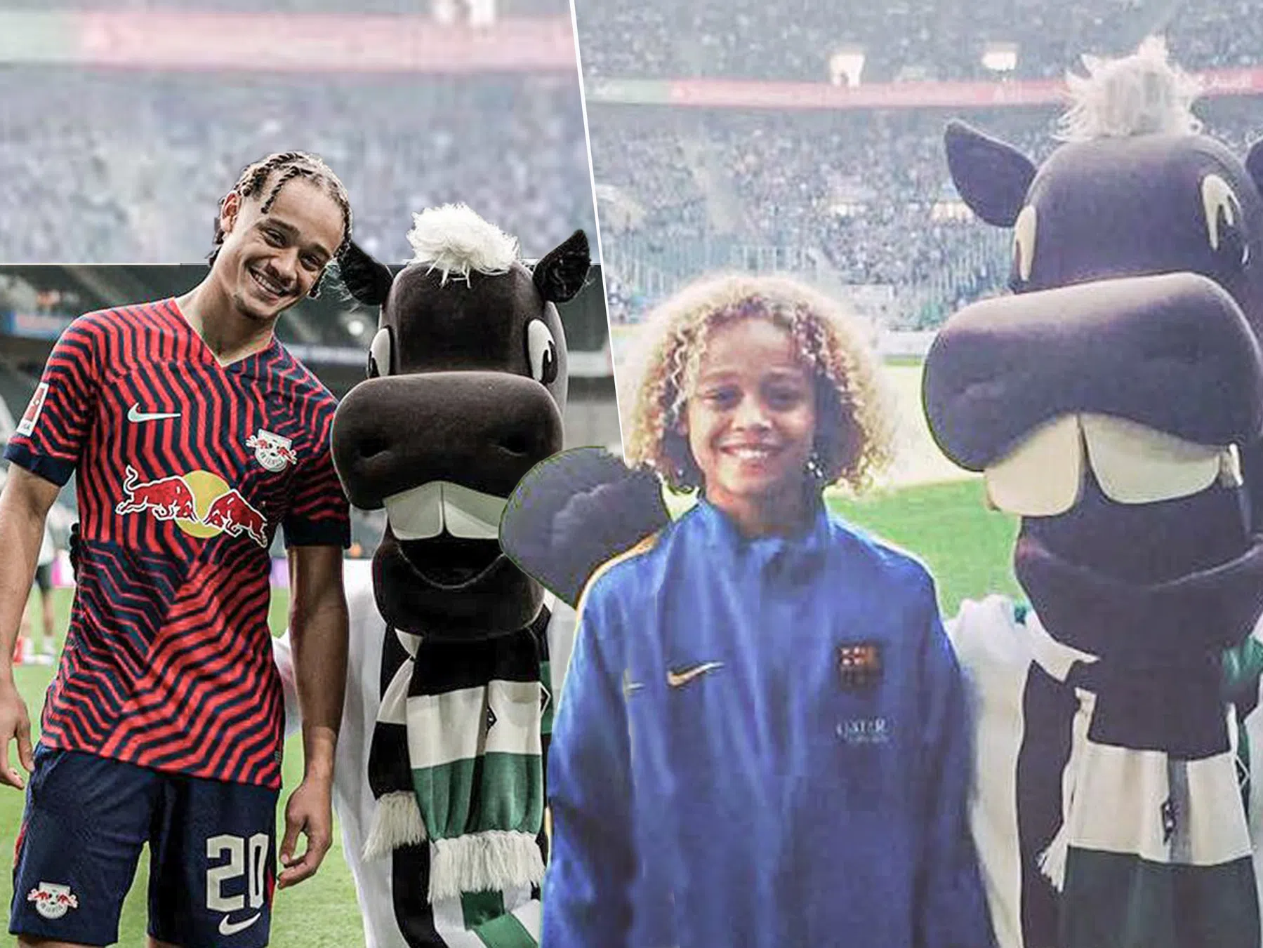 Xavi Simons en de mascotte van Borussia Mönchengladbach zijn herenigd