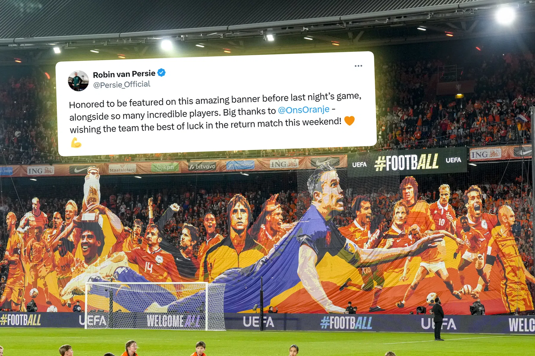 Van Persie reageert op hoofdrol in spandoek bij Nederland tegen Spanje
