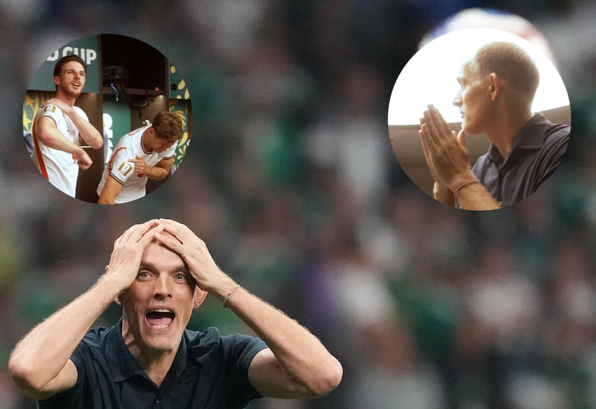 Declan Rice và John Stones trêu chọc HLV Thomas Tuchel trong bữa tiệc